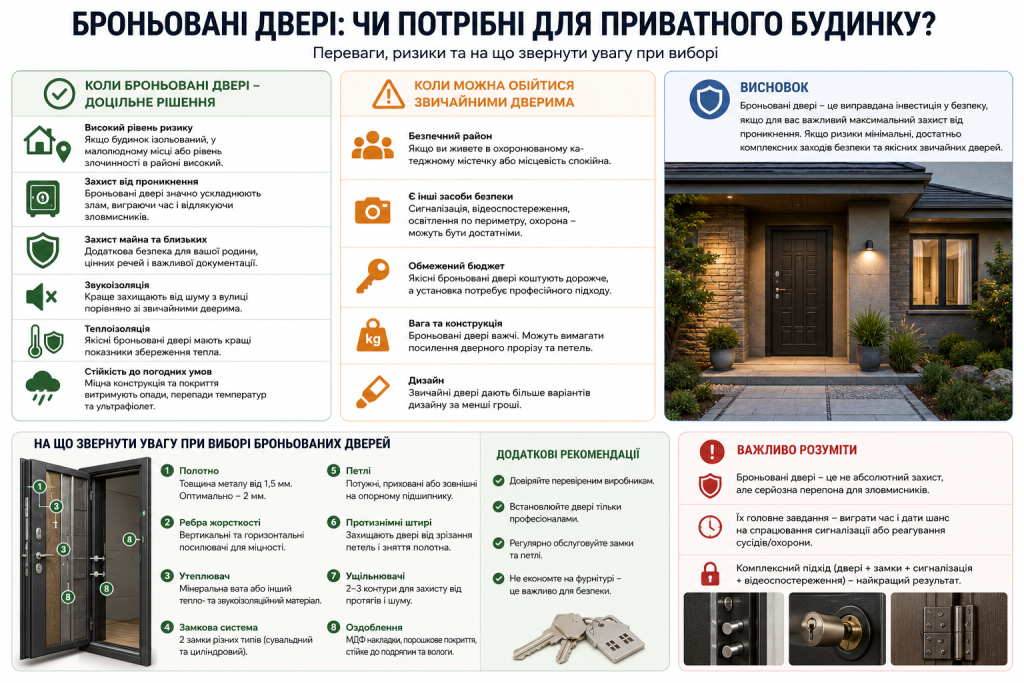 Інфографіка про переваги броньованих дверей для приватного будинку, критерії вибору, конструктивні особливості та рекомендації щодо безпеки.