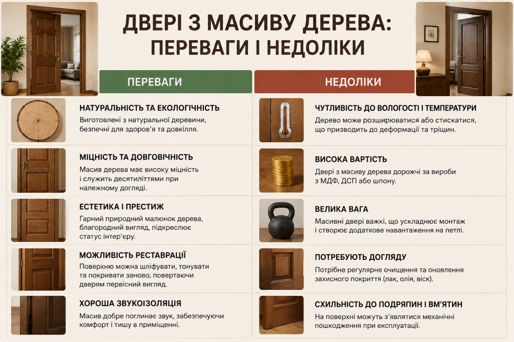 Інфографіка про основні переваги та недоліки дверей із масиву дерева, їх особливості, довговічність, вимоги до догляду та експлуатації.