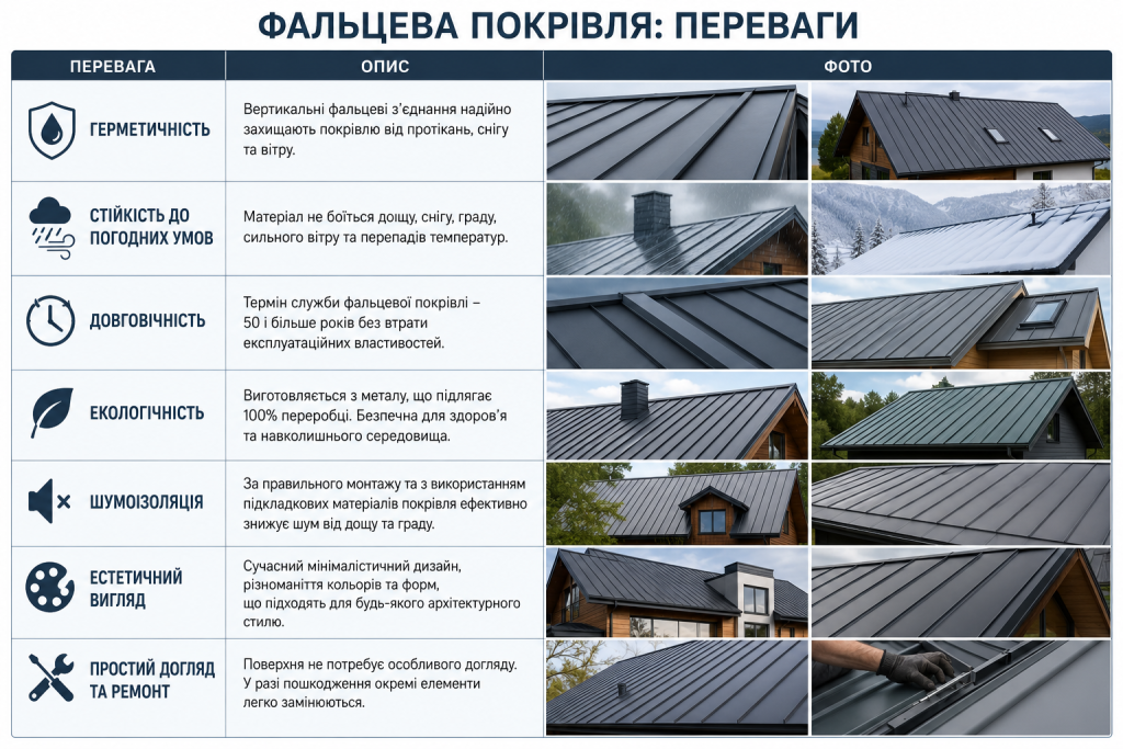 Інфографіка про основні переваги фальцевої покрівлі: герметичність, довговічність, стійкість до погодних умов, шумоізоляцію та простоту догляду.