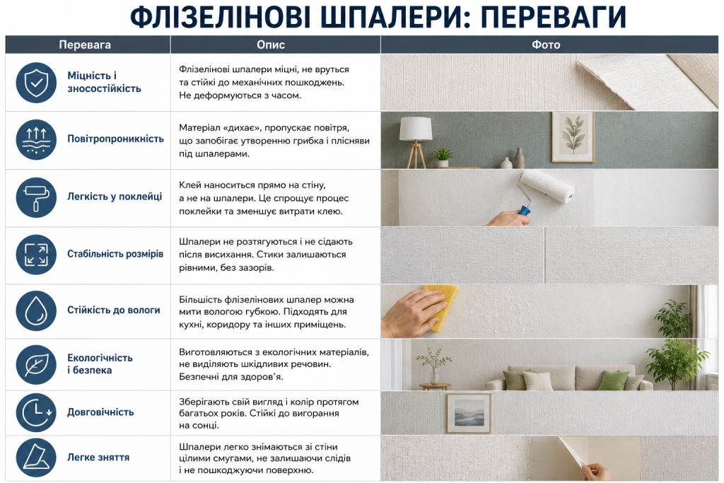 Інфографіка про переваги флізелінових шпалер, їх міцність, повітропроникність, вологостійкість, довговічність, простоту поклейки та догляду.