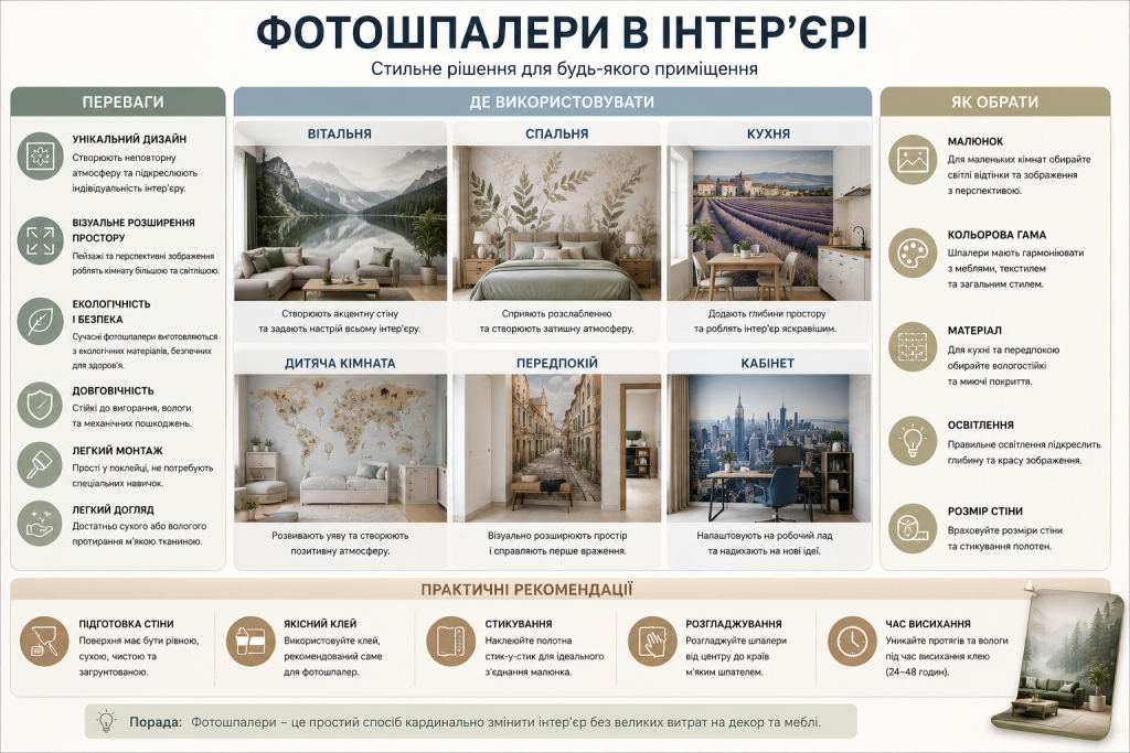 Інфографіка про використання фотошпалер в інтер'єрі, їх переваги, особливості вибору, сфери застосування та практичні рекомендації щодо монтажу.