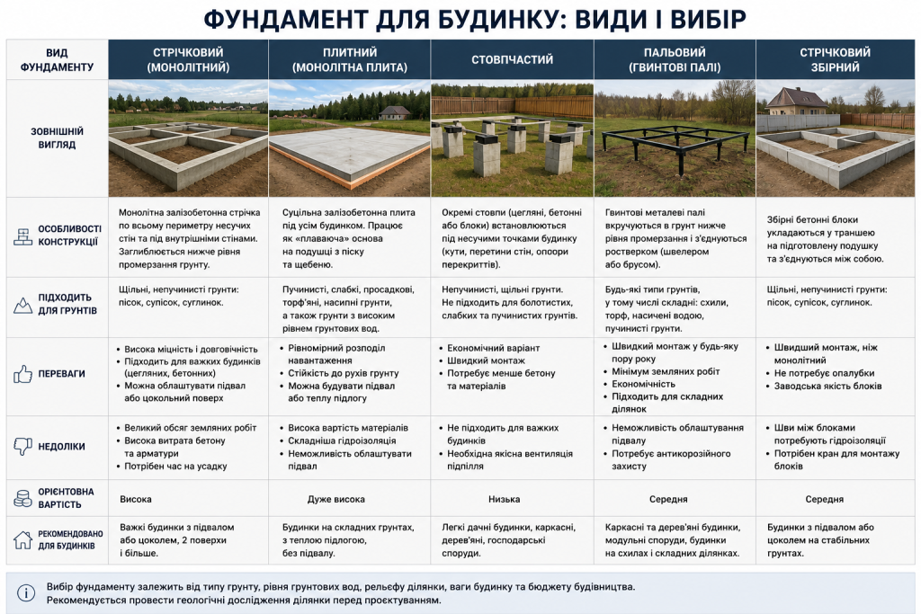 Інфографіка про основні види фундаментів для будинку, їх конструктивні особливості, переваги, недоліки, сфери застосування та рекомендації щодо вибору.
