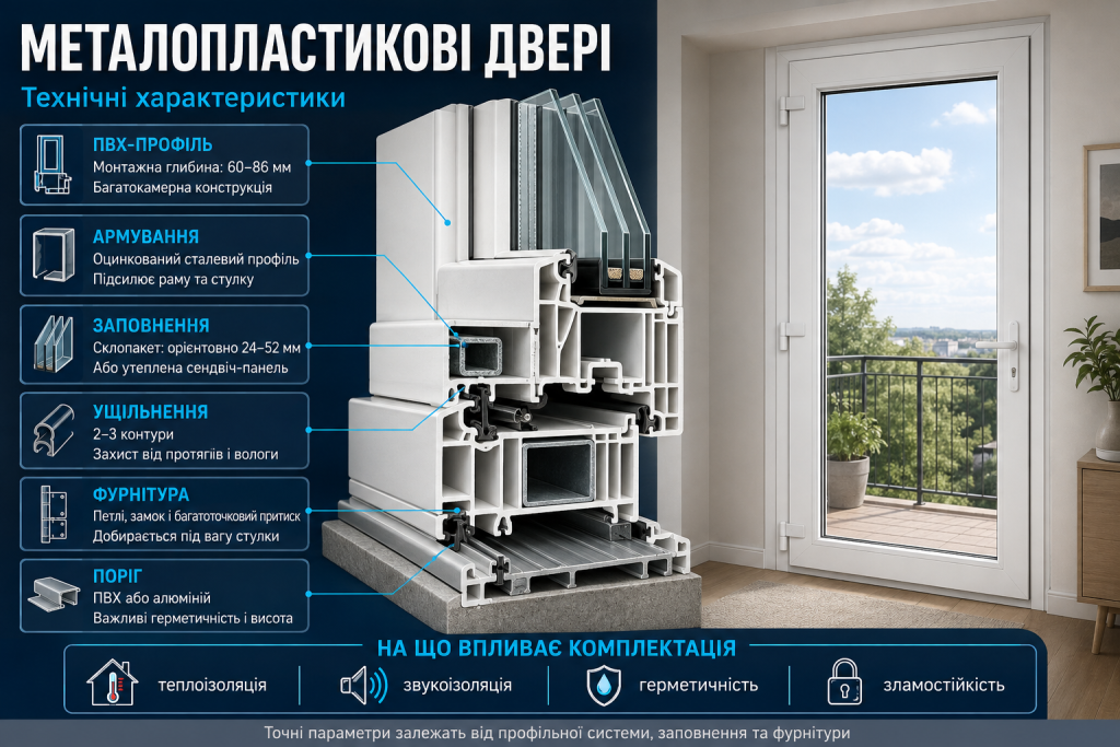 Інфографіка про будову, профіль, склопакет, ущільнення та фурнітуру металопластикових дверей