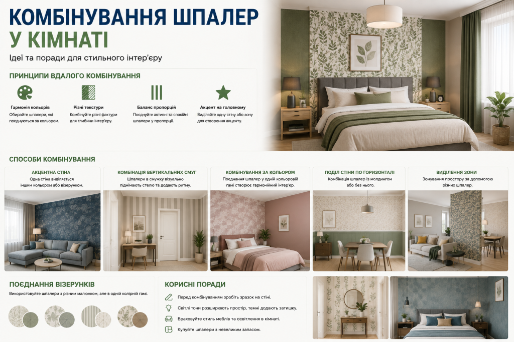 Інфографіка з варіантами комбінування шпалер у кімнаті, поєднанням кольорів, візерунків, фактур та акцентних стін.