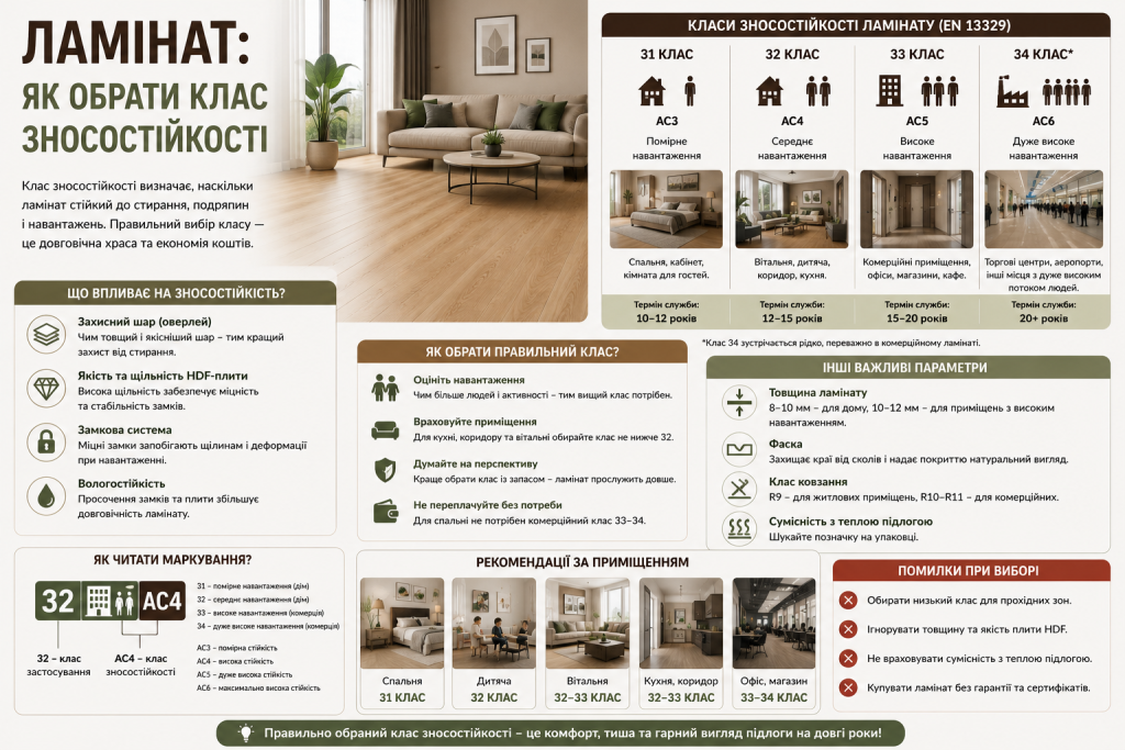 Інфографіка про класи зносостійкості ламінату, їх призначення, особливості вибору, основні параметри та рекомендації для різних приміщень.