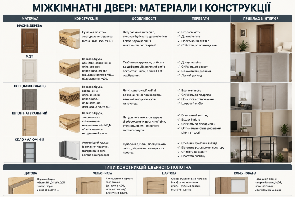 Інфографіка з порівнянням матеріалів і конструкцій міжкімнатних дверей, їх характеристик, переваг та прикладів використання в інтер'єрі.