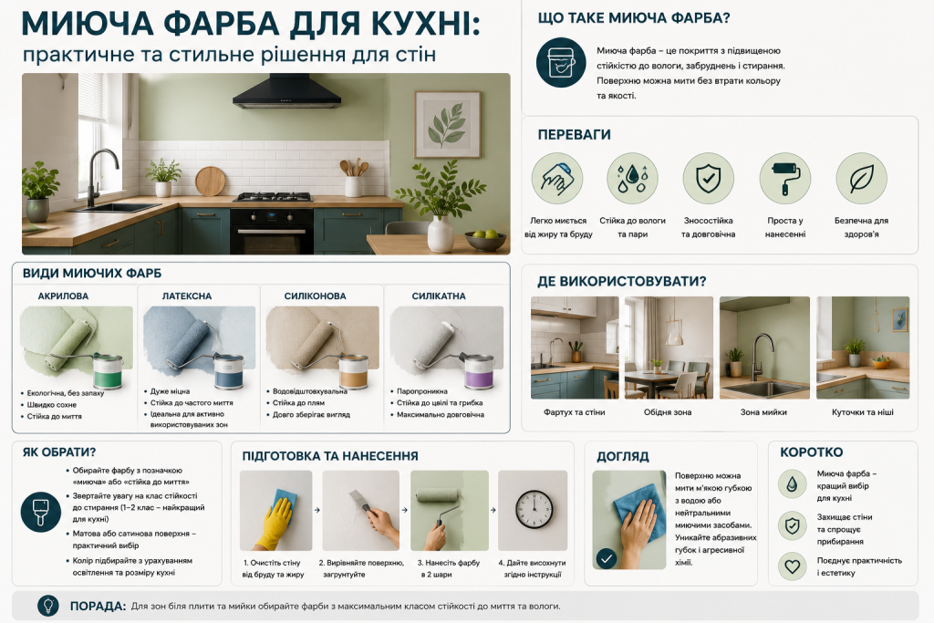 Інфографіка про миючу фарбу для кухні, її види, переваги, способи нанесення та догляд за пофарбованими стінами