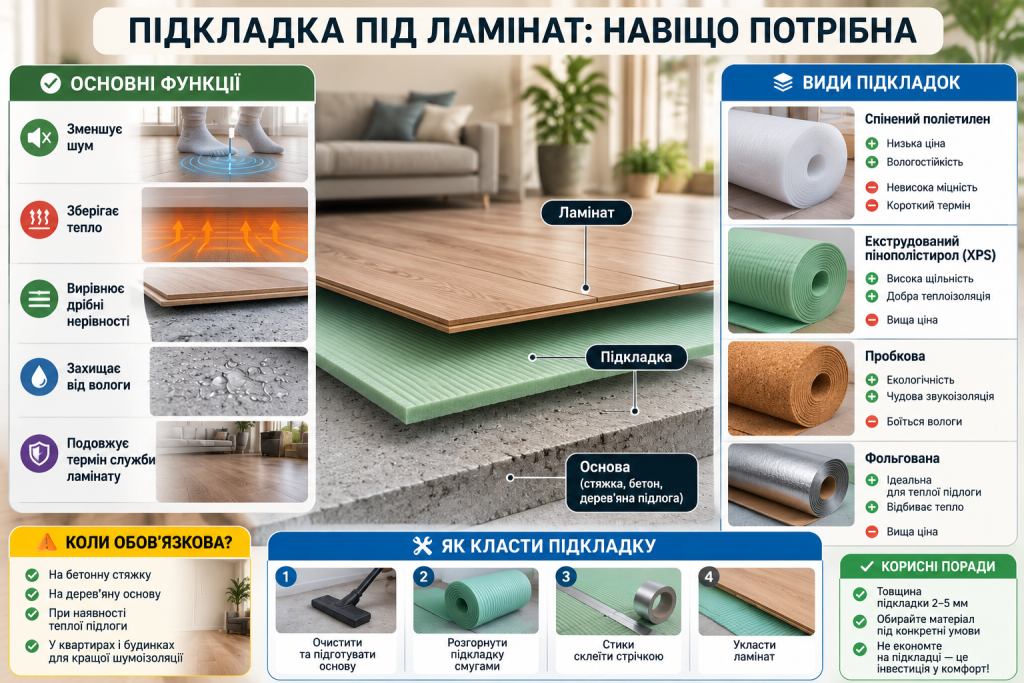 Інфографіка про призначення підкладки під ламінат, її функції, види матеріалів, правила укладання та рекомендації щодо вибору.