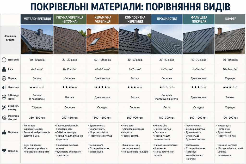 Інфографіка з порівнянням металочерепиці, бітумної, керамічної та композитної черепиці, профнастилу, фальцевої покрівлі й шиферу за основними характеристиками.