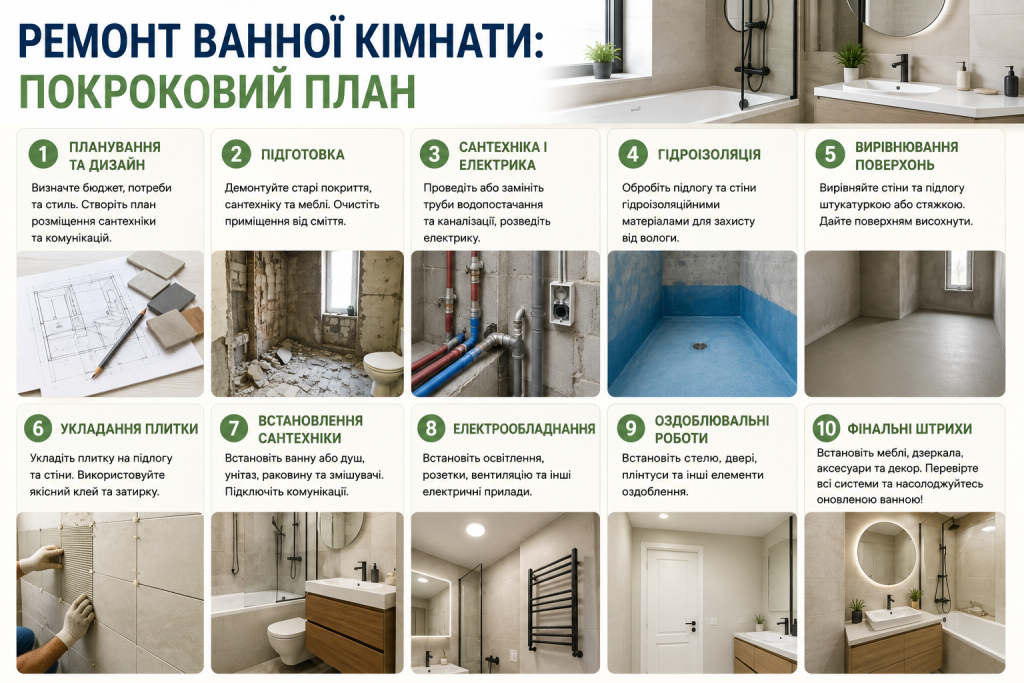 Інфографіка з основними етапами ремонту ванної кімнати від планування і підготовки до монтажу сантехніки, плитки та фінального оздоблення.