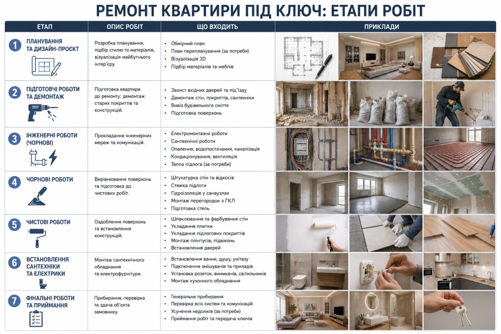 Інфографіка з послідовністю етапів ремонту квартири під ключ: планування, демонтаж, інженерні роботи, оздоблення, монтаж обладнання та фінальне прибирання.