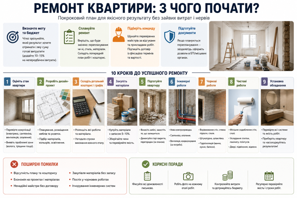 Покрокова інфографіка про підготовку до ремонту квартири, планування бюджету, вибір матеріалів, основні етапи робіт та корисні поради.