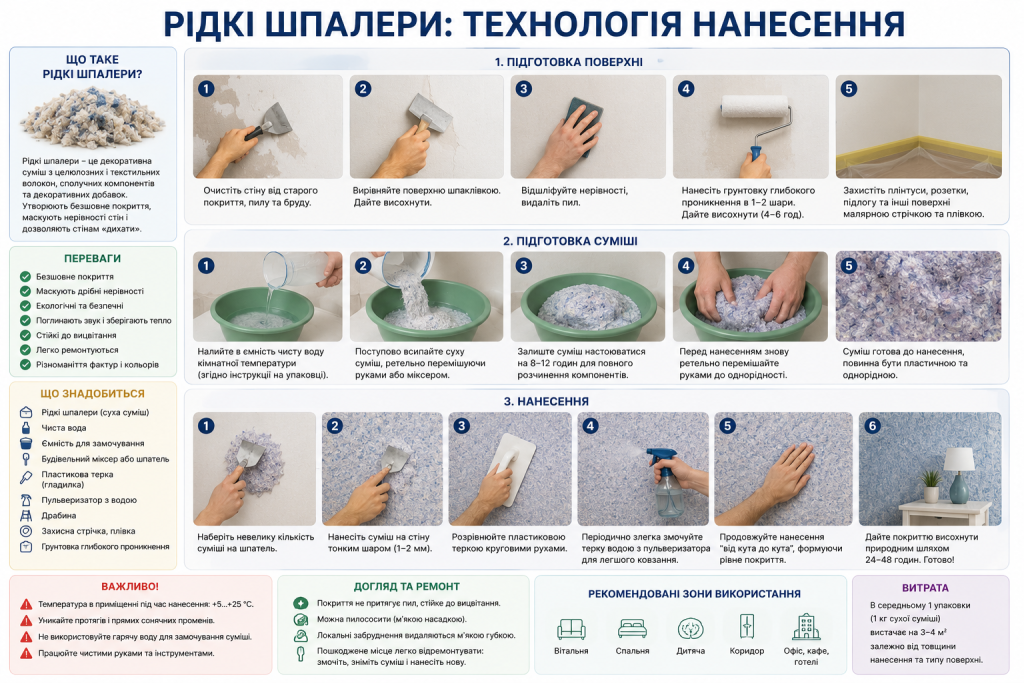 Інфографіка з покроковою технологією нанесення рідких шпалер, підготовкою поверхні, приготуванням суміші, нанесенням та рекомендаціями з догляду.