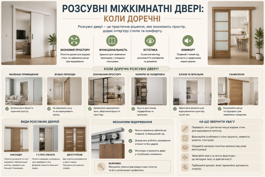Інфографіка про переваги розсувних міжкімнатних дверей, сфери застосування, види конструкцій, механізми відкривання та поради щодо вибору.
