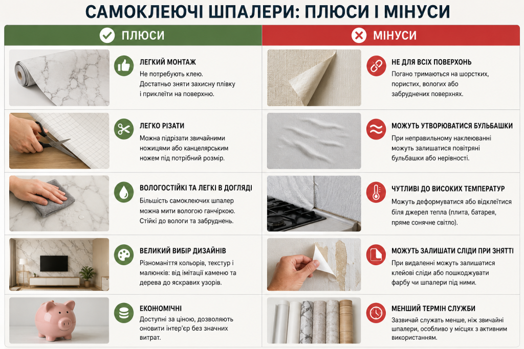 Інфографіка про основні переваги й недоліки самоклеючих шпалер, особливості монтажу, експлуатації, догляду та можливі обмеження використання.