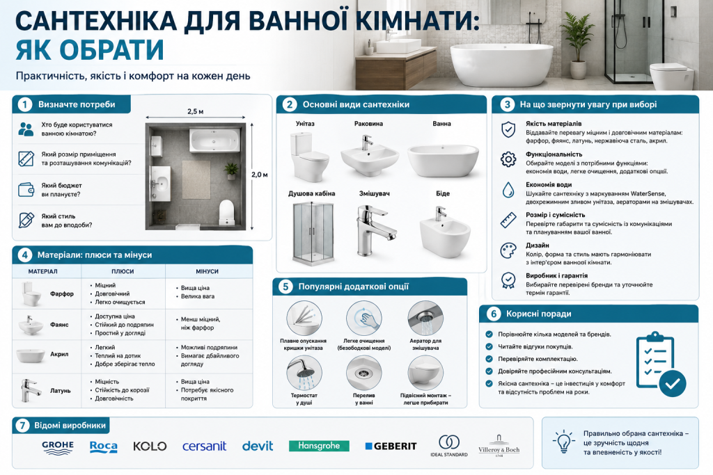 Інфографіка з порадами щодо вибору сантехніки для ванної кімнати, матеріалів, основних видів, критеріїв вибору та корисних рекомендацій.