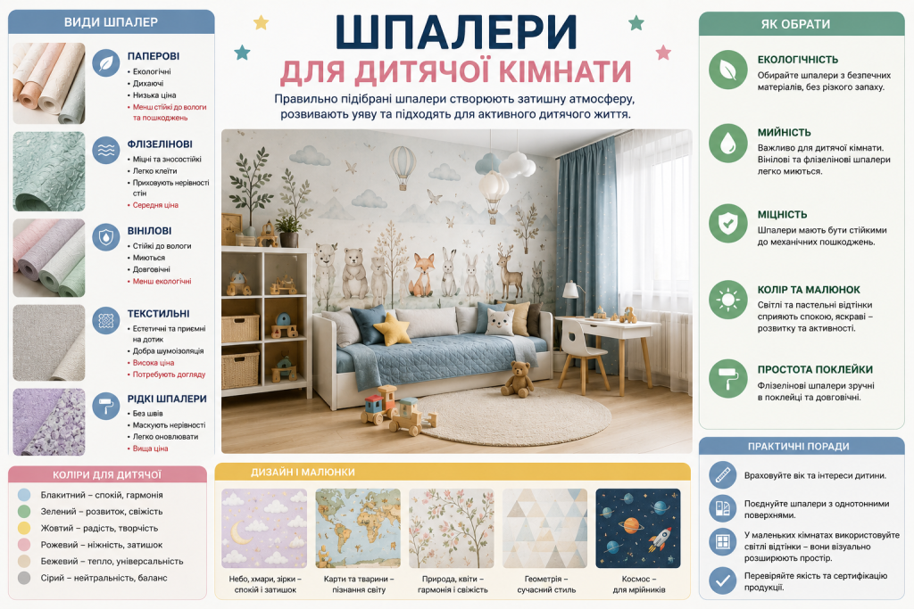 Інфографіка про види шпалер для дитячої кімнати, критерії вибору, рекомендовані кольори, популярні дизайни та практичні поради для оформлення інтер'єру.