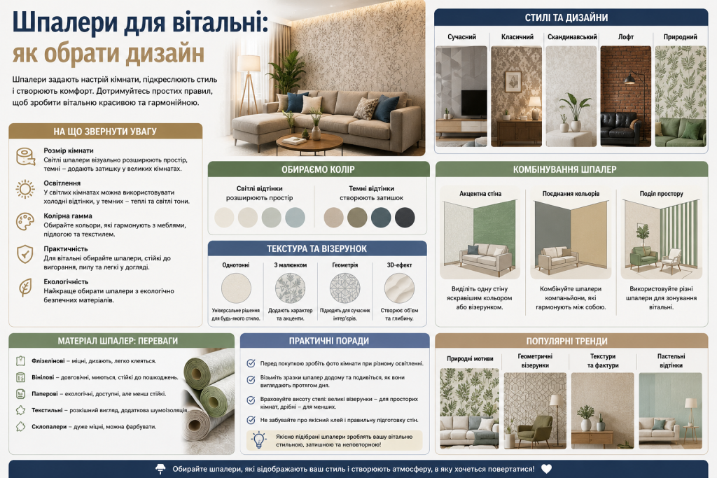 Інфографіка з порадами щодо вибору шпалер для вітальні, стилів, кольорів, текстур, поєднання шпалер та практичних рекомендацій для оформлення інтер'єру.