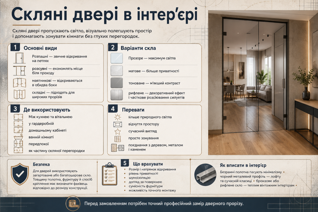 Інфографіка про скляні двері в інтер’єрі, основні види конструкцій, варіанти скла, переваги та правила вибору.