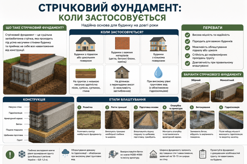 Інфографіка про випадки застосування стрічкового фундаменту, його конструкцію, переваги, різновиди та основні етапи будівництва.