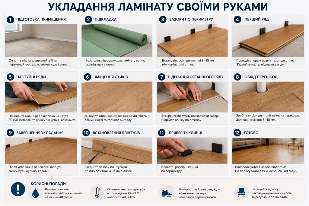 Інфографіка з покроковою інструкцією укладання ламінату своїми руками від підготовки підлоги до встановлення плінтусів