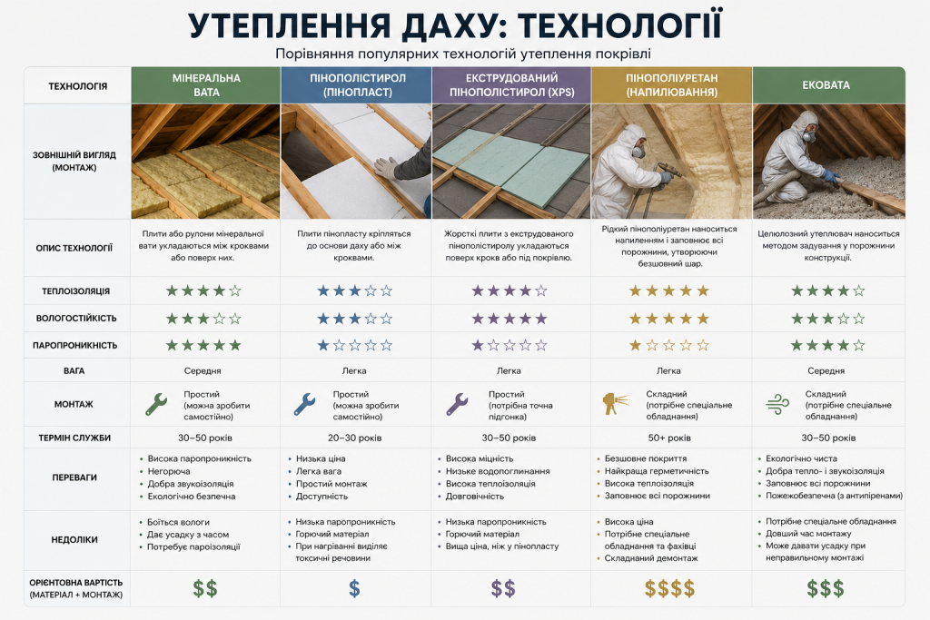 Інфографіка з порівнянням популярних технологій утеплення даху, їх характеристик, переваг, недоліків, вартості та особливостей монтажу.