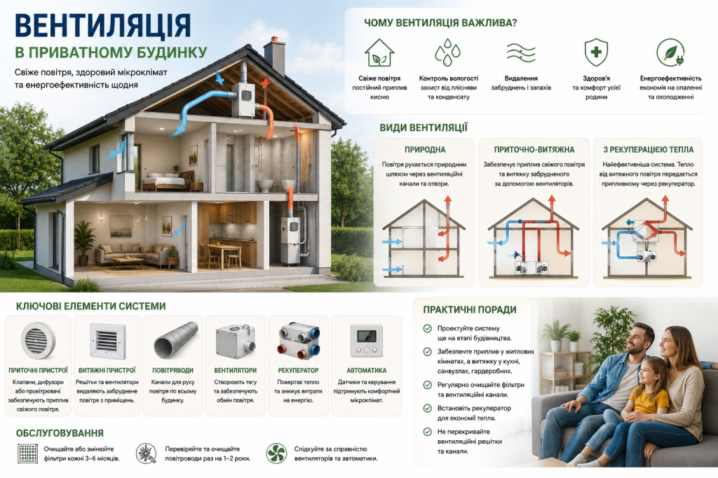 Інфографіка про вентиляцію приватного будинку, види вентиляційних систем, рекуперацію, повітроводи та основні елементи обладнання.