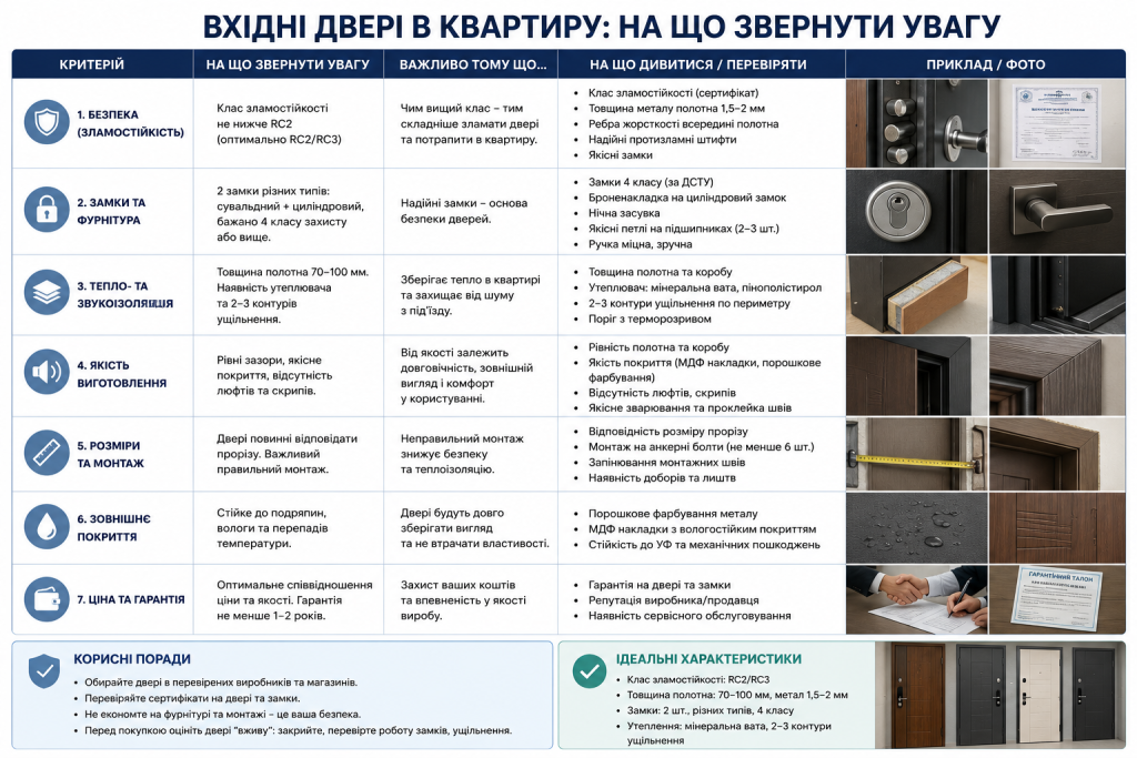 Інфографіка з критеріями вибору вхідних дверей у квартиру, особливостями конструкції, рівнем безпеки, теплоізоляцією, замками та рекомендаціями перед покупкою.