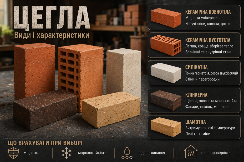 Інфографіка про основні види цегли, їх характеристики та сфери застосування
