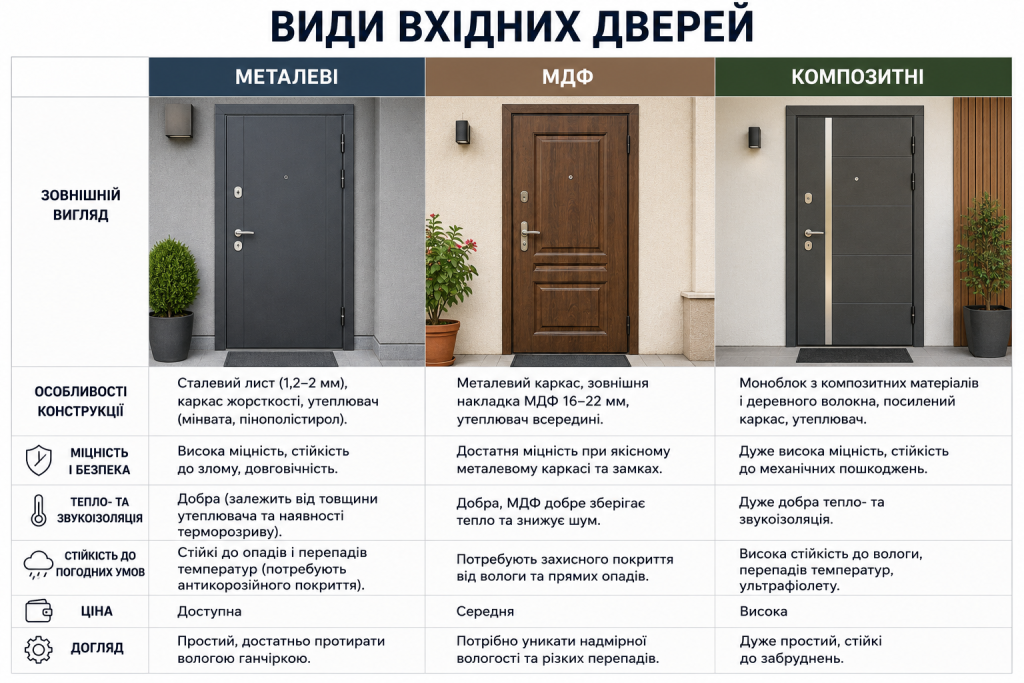 Інфографіка з порівнянням металевих, МДФ та композитних вхідних дверей за конструкцією, міцністю, теплоізоляцією, довговічністю та вартістю.