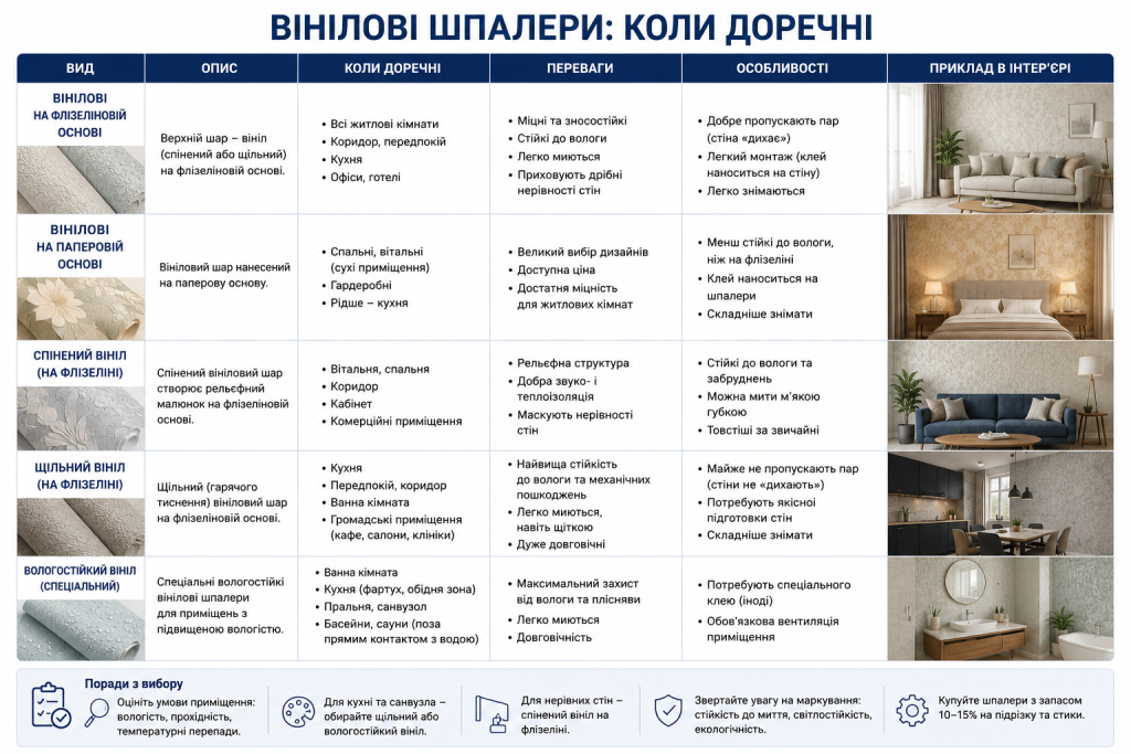 Інфографіка про різновиди вінілових шпалер, їх особливості, переваги, сфери застосування та рекомендації щодо вибору для різних приміщень.