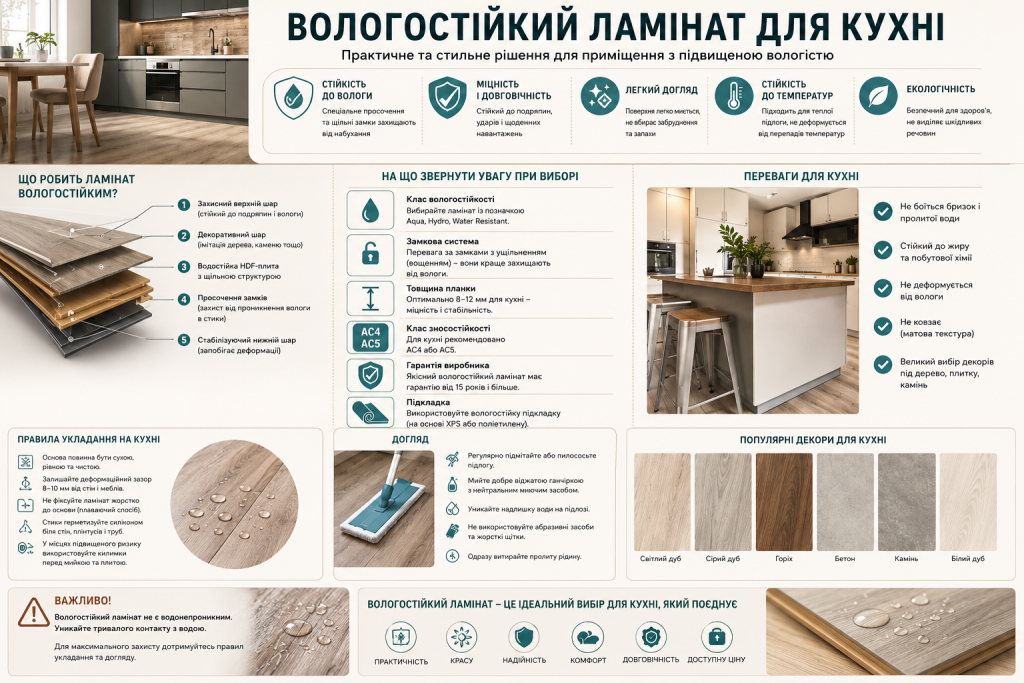 Інфографіка про вологостійкий ламінат для кухні, його конструкцію, переваги, правила вибору, догляду та популярні декоративні покриття.