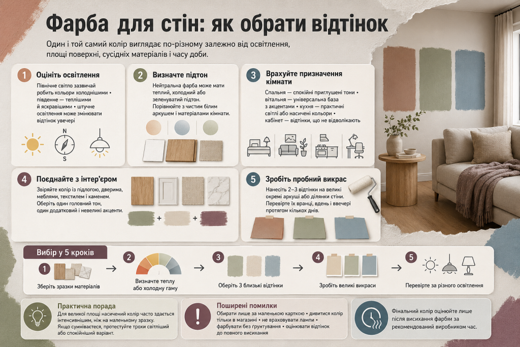 Інфографіка про вибір фарби для стін з урахуванням освітлення, підтону, призначення кімнати та пробного викрасу.