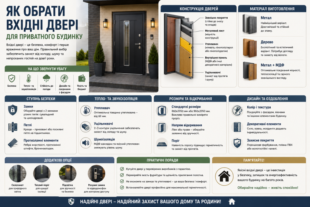 Інфографіка про вибір вхідних дверей для приватного будинку, конструкцію, матеріали, теплоізоляцію, безпеку та практичні рекомендації.