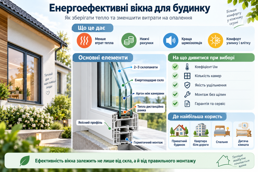 Інфографіка про енергоефективні вікна для будинку, будову склопакета, переваги та основні критерії вибору.