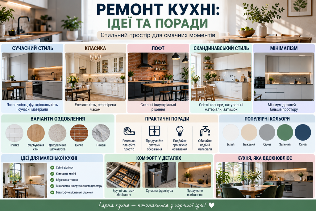 Інфографіка з ідеями ремонту кухні, популярними стилями інтер’єру, варіантами оздоблення, кольорами та практичними порадами