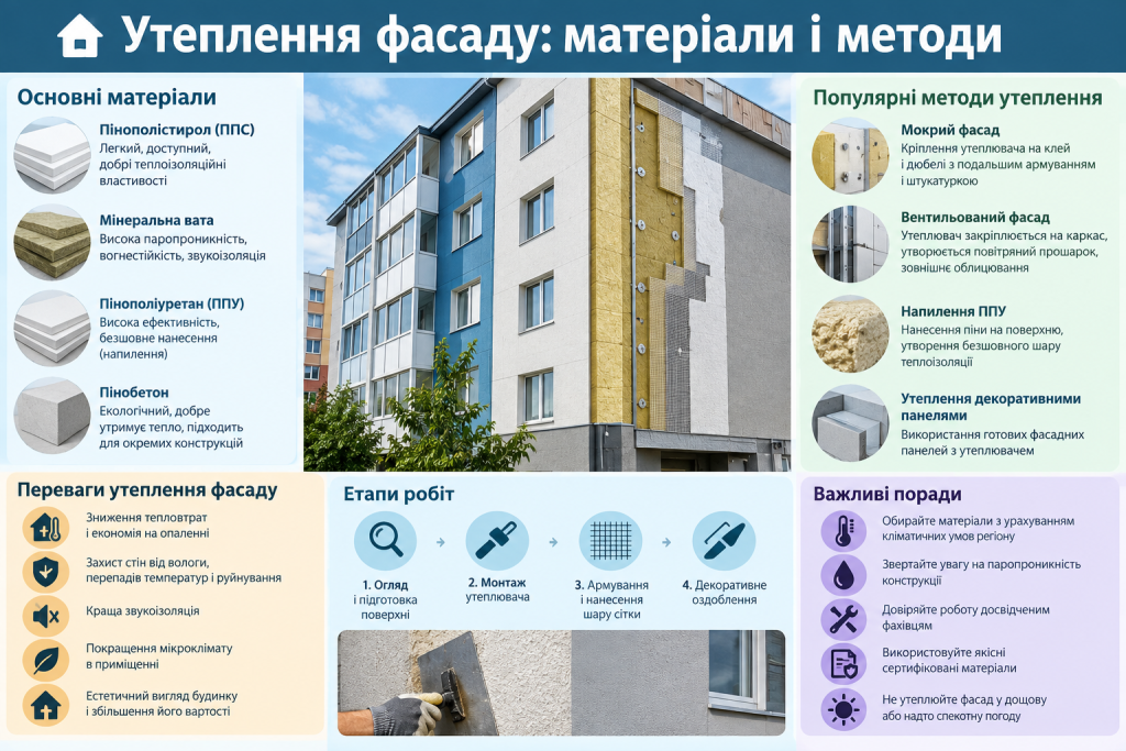 Інфографіка про матеріали й методи утеплення фасаду, етапи монтажу та переваги теплоізоляції будинку.