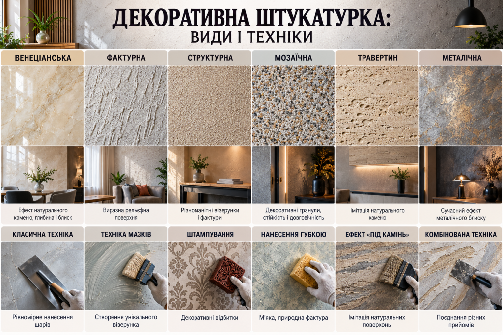 Інфографіка про види декоративної штукатурки та техніки нанесення для створення різних фактур стін