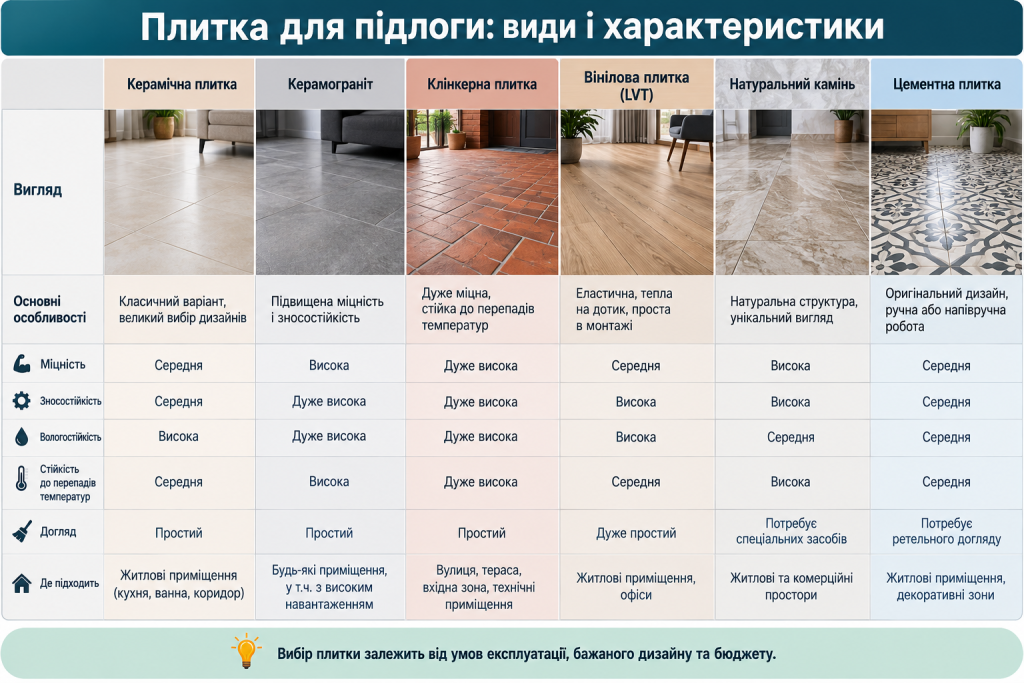Порівняльна таблиця видів плитки для підлоги з характеристиками кераміки, керамограніту, клінкеру, вінілової плитки, каменю та цементної плитки.
