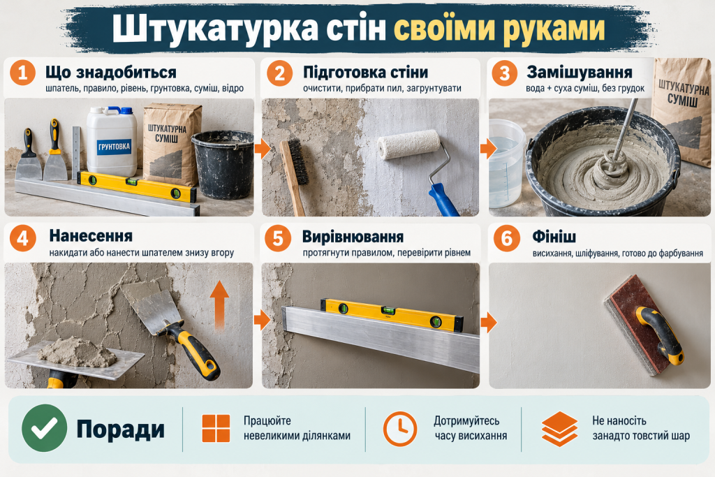 Інфографіка про штукатурку стін своїми руками: необхідні інструменти, підготовка поверхні, замішування розчину, нанесення, вирівнювання та фінішна обробка.