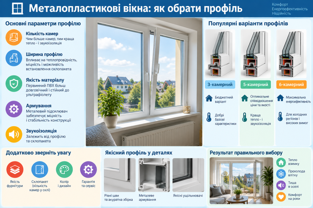 Інфографіка про вибір профілю металопластикових вікон, кількість камер, армування та теплоізоляційні властивості.